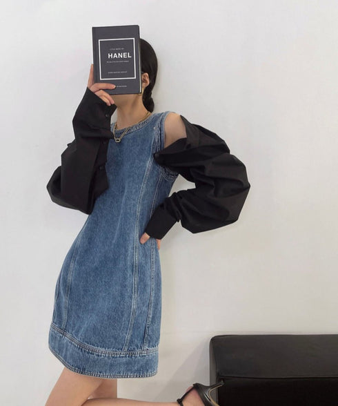 Detachable Sleeve Denim Mini Dress